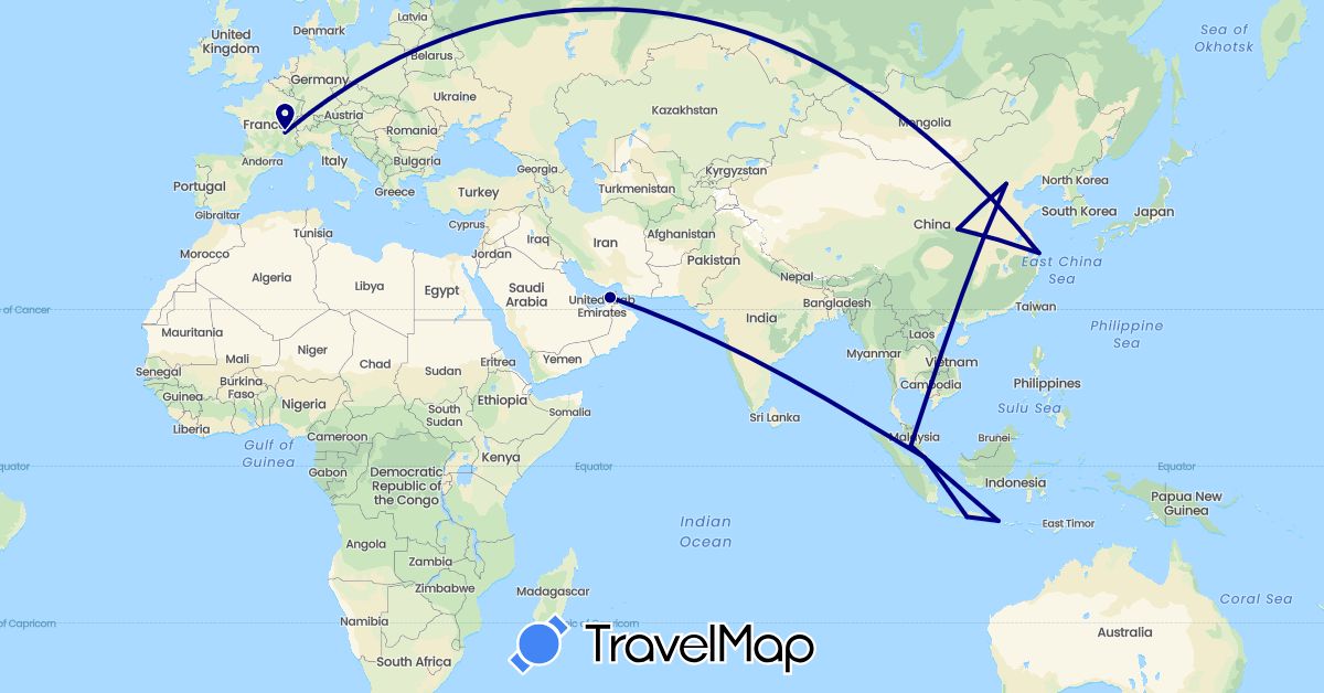TravelMap itinerary: driving in United Arab Emirates, China, France, Indonesia, Malaysia, Singapore (Asia, Europe)
